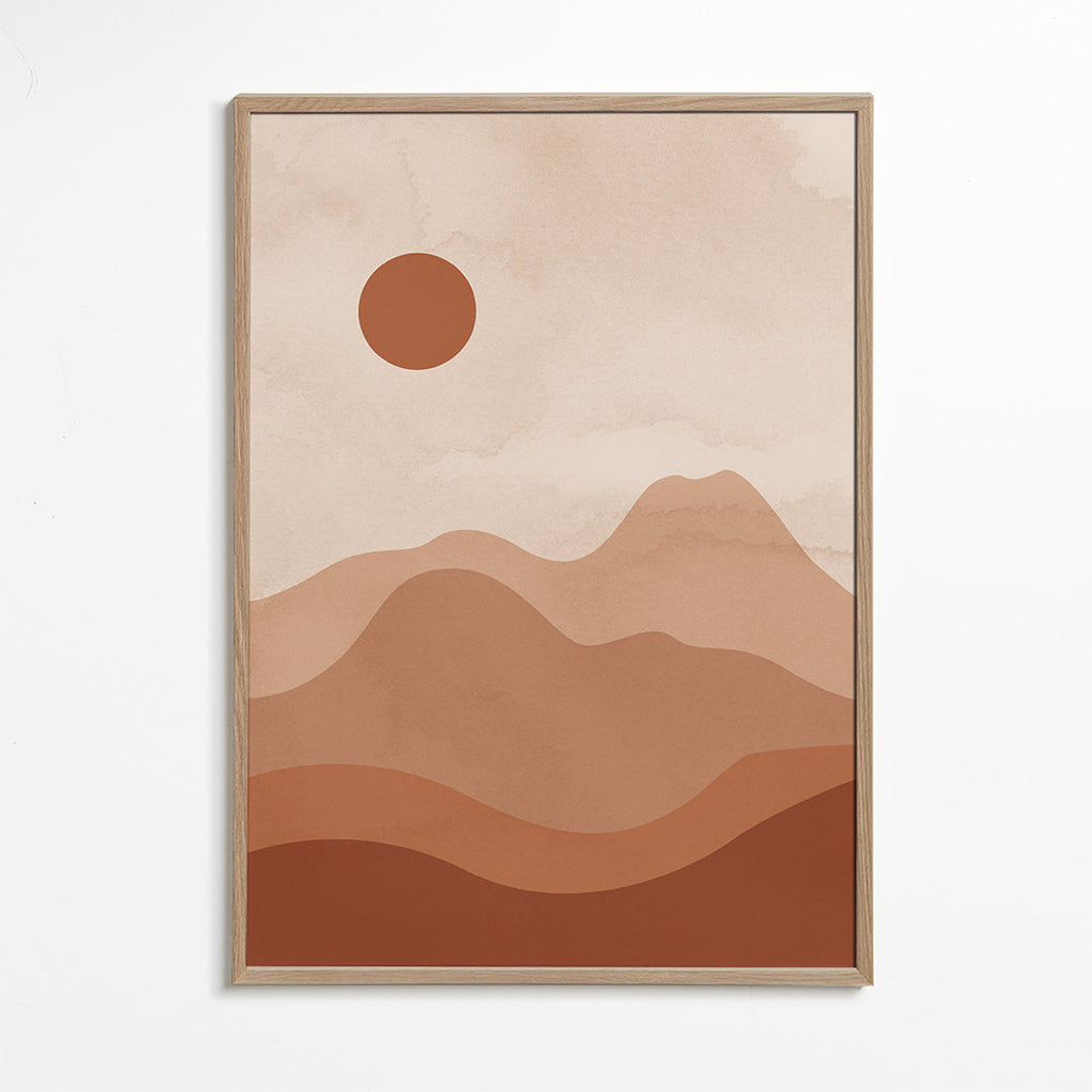Minimalistisk landskabstavle med terrakotta-sol
