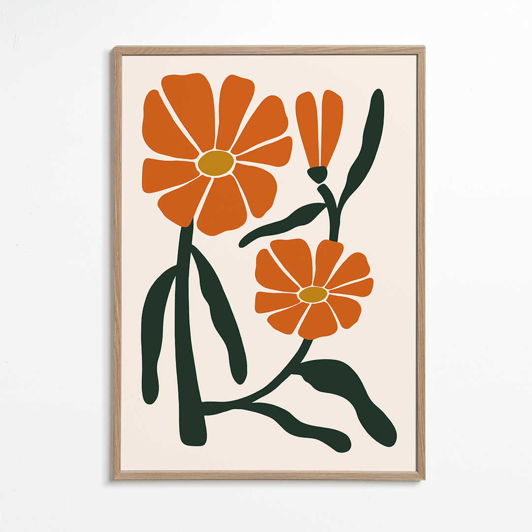 Botanisk plakat med orange blomster