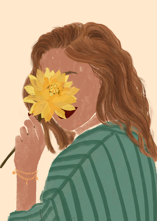 Botanisk plakat kvinde med gul blomst
