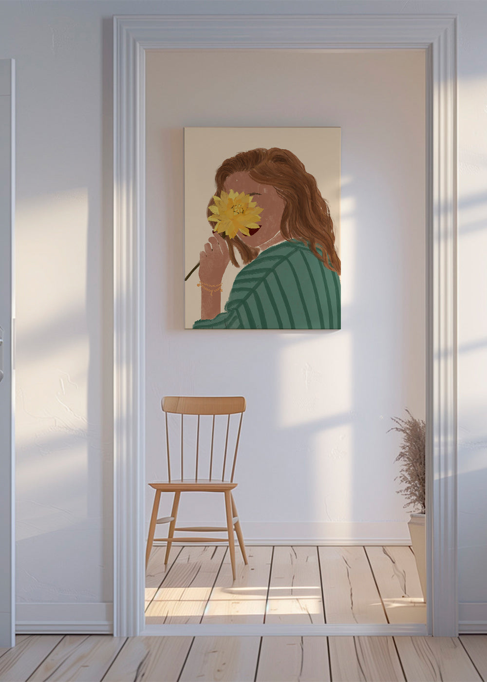Botanisk plakat kvinde med gul blomst