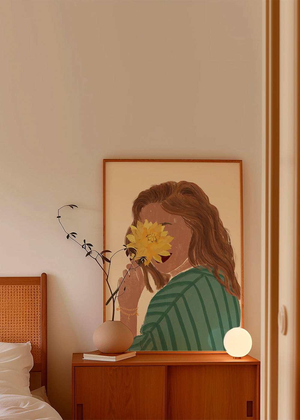 Botanisk plakat kvinde med gul blomst