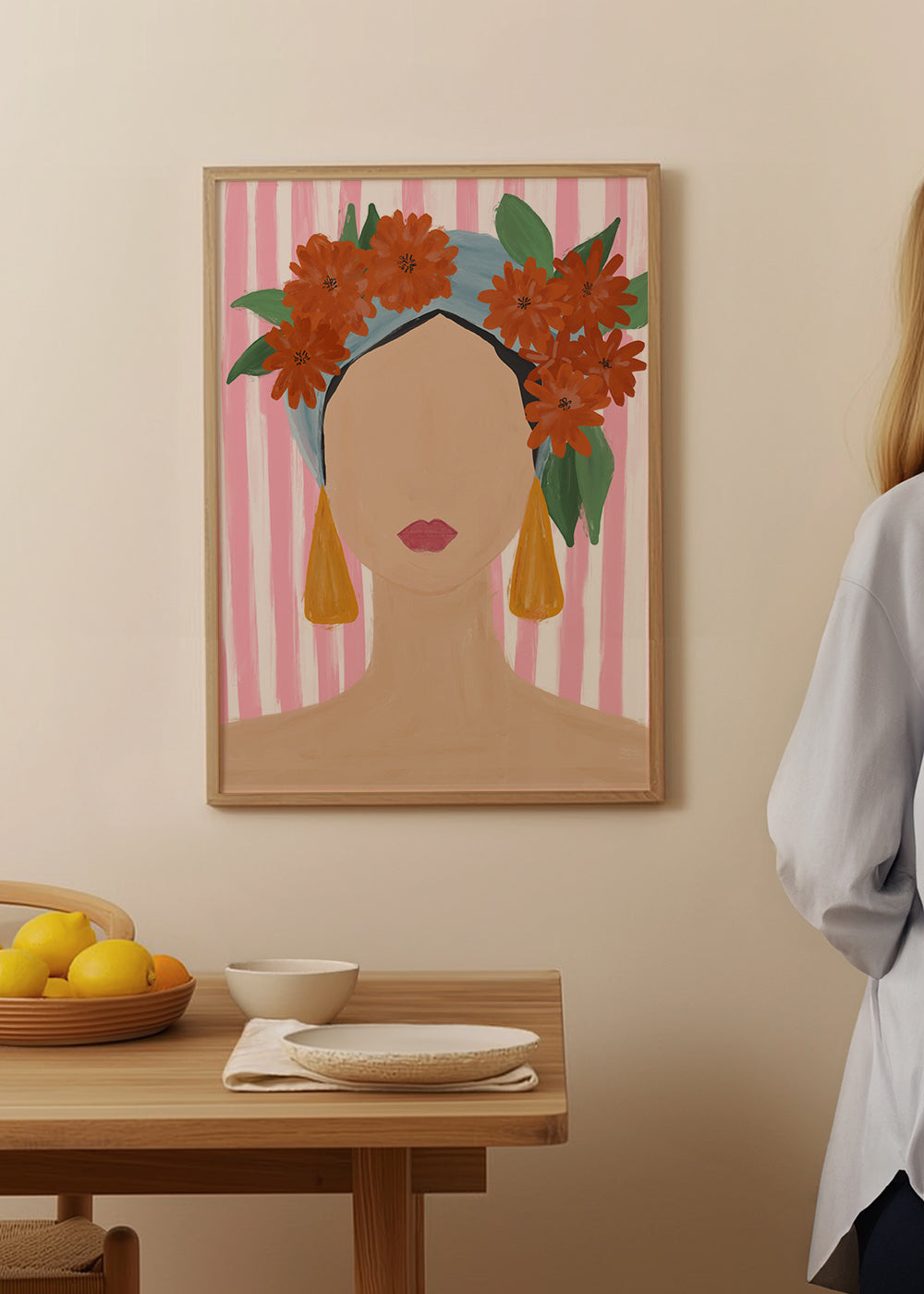 Illustration portræt af kvinde med blomsterkrans