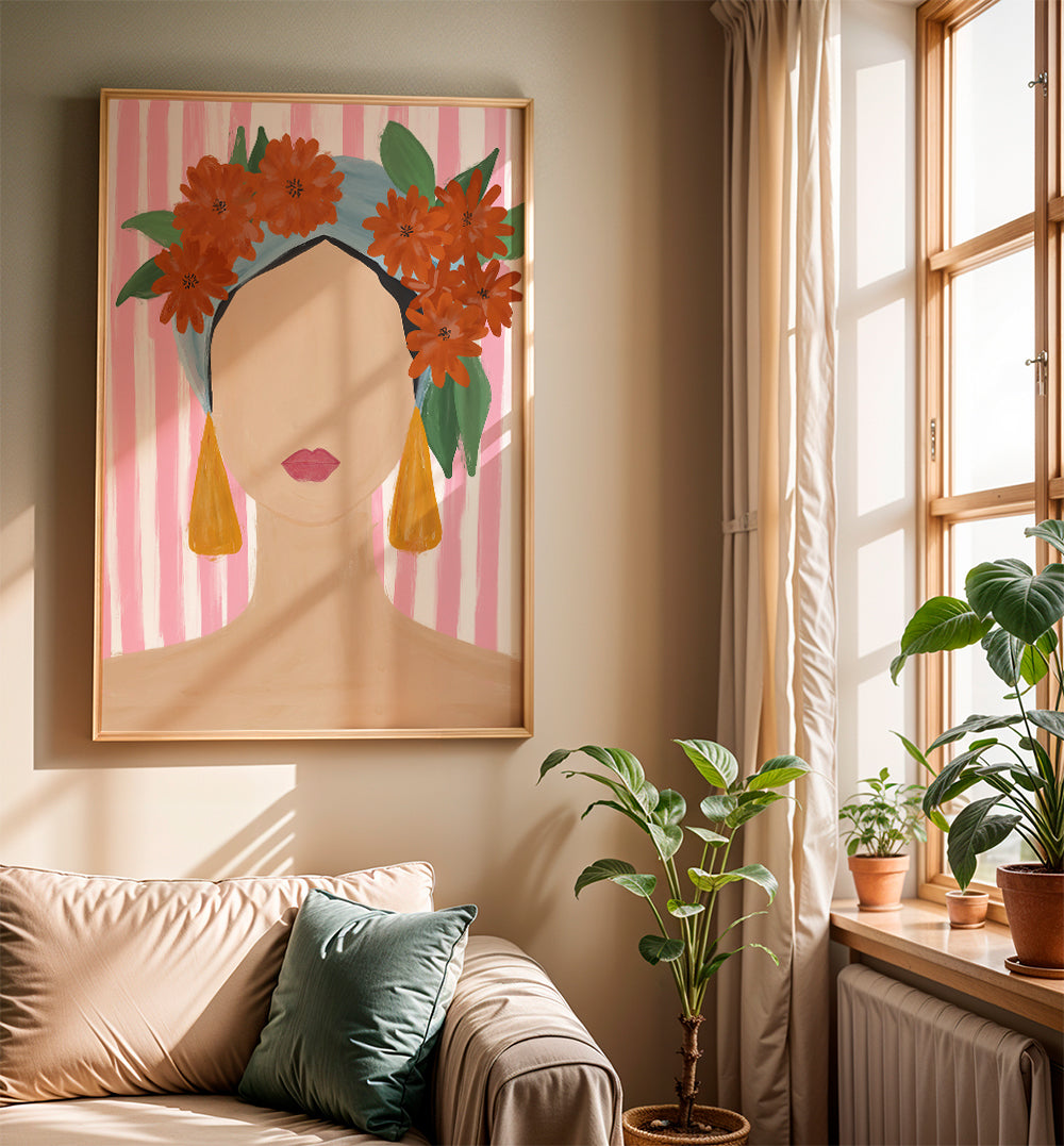 Illustration portræt af kvinde med blomsterkrans
