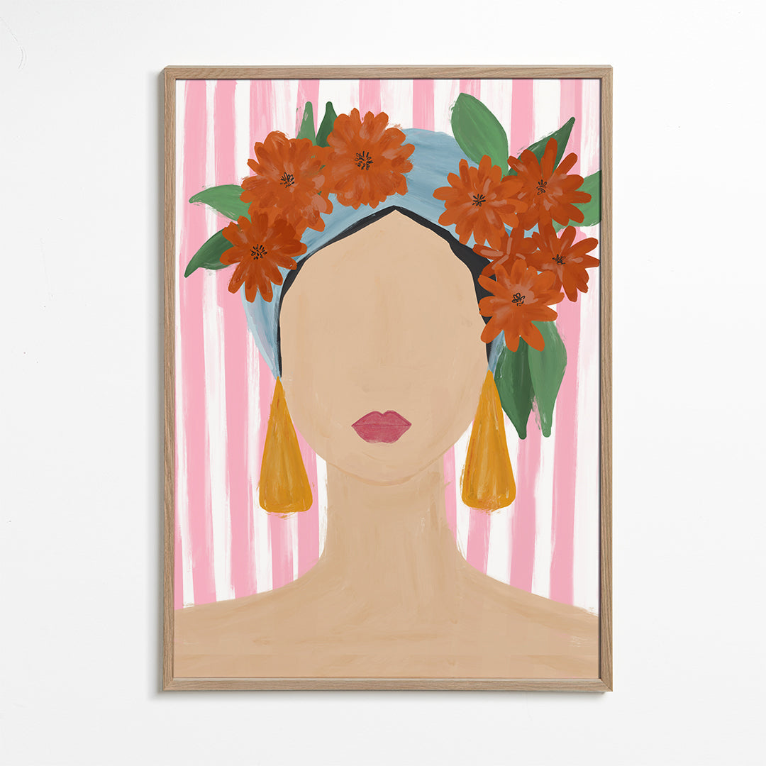 Illustration portræt af kvinde med blomsterkrans