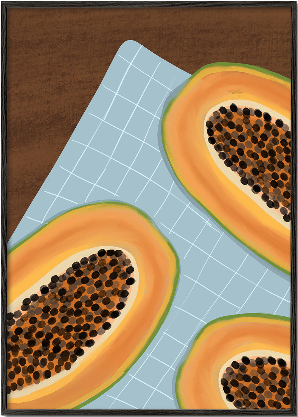 Køkkenkunst: halve papaya på ternet stof