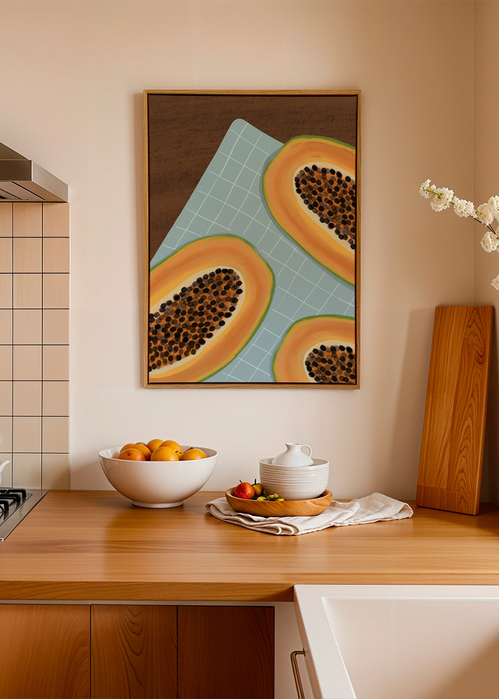 Køkkenkunst: halve papaya på ternet stof