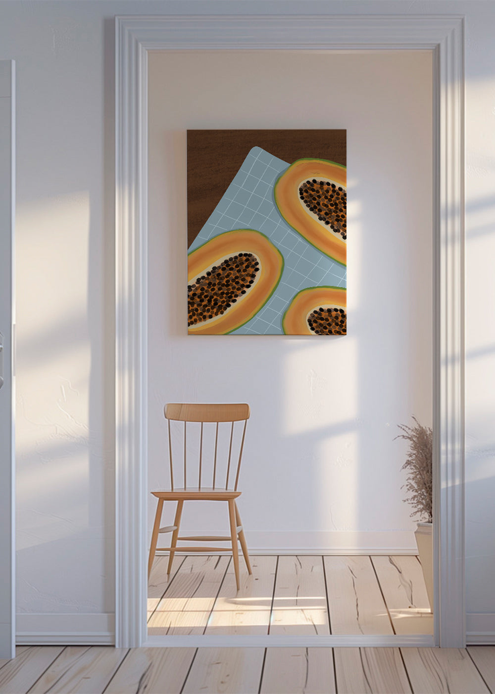 Køkkenkunst: halve papaya på ternet stof