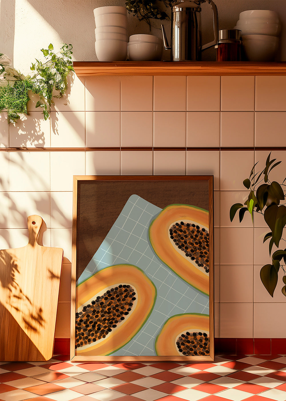 Køkkenkunst: halve papaya på ternet stof