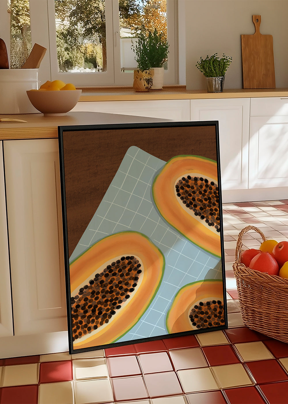 Køkkenkunst: halve papaya på ternet stof