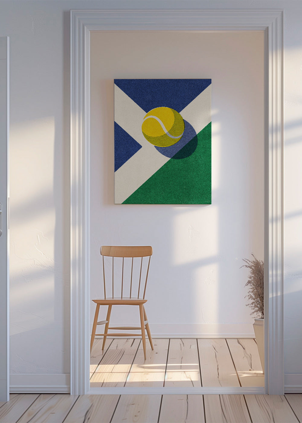 Sportkunst: tennisbold på geometrisk komposition