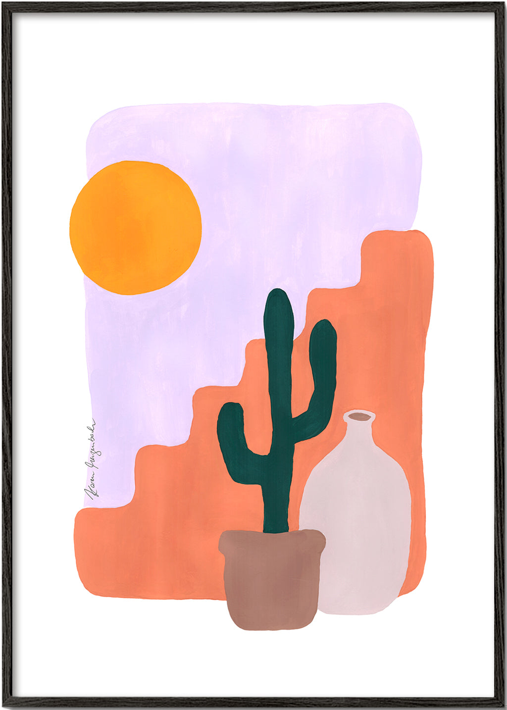 Botanisk plakat: kaktus og sol i minimalistisk stil