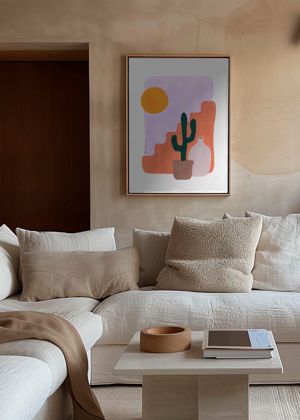 Botanisk plakat: kaktus og sol i minimalistisk stil