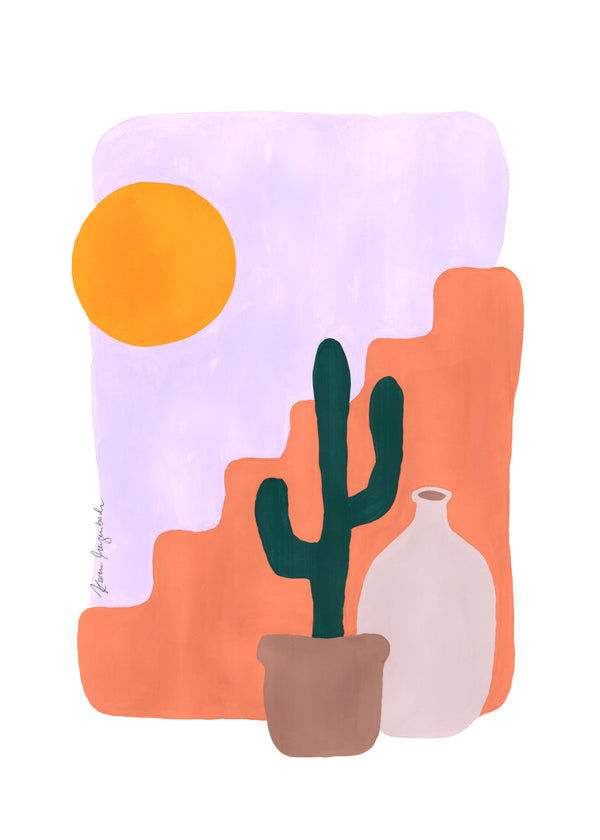 Botanisk plakat: kaktus og sol i minimalistisk stil