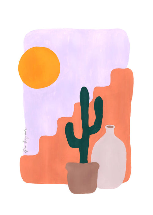 Botanisk plakat: kaktus og sol i minimalistisk stil