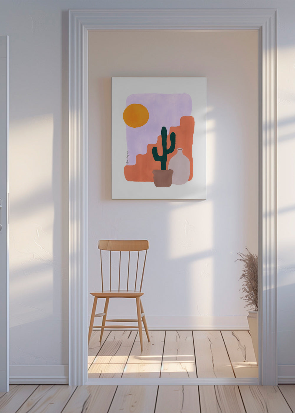 Botanisk plakat: kaktus og sol i minimalistisk stil