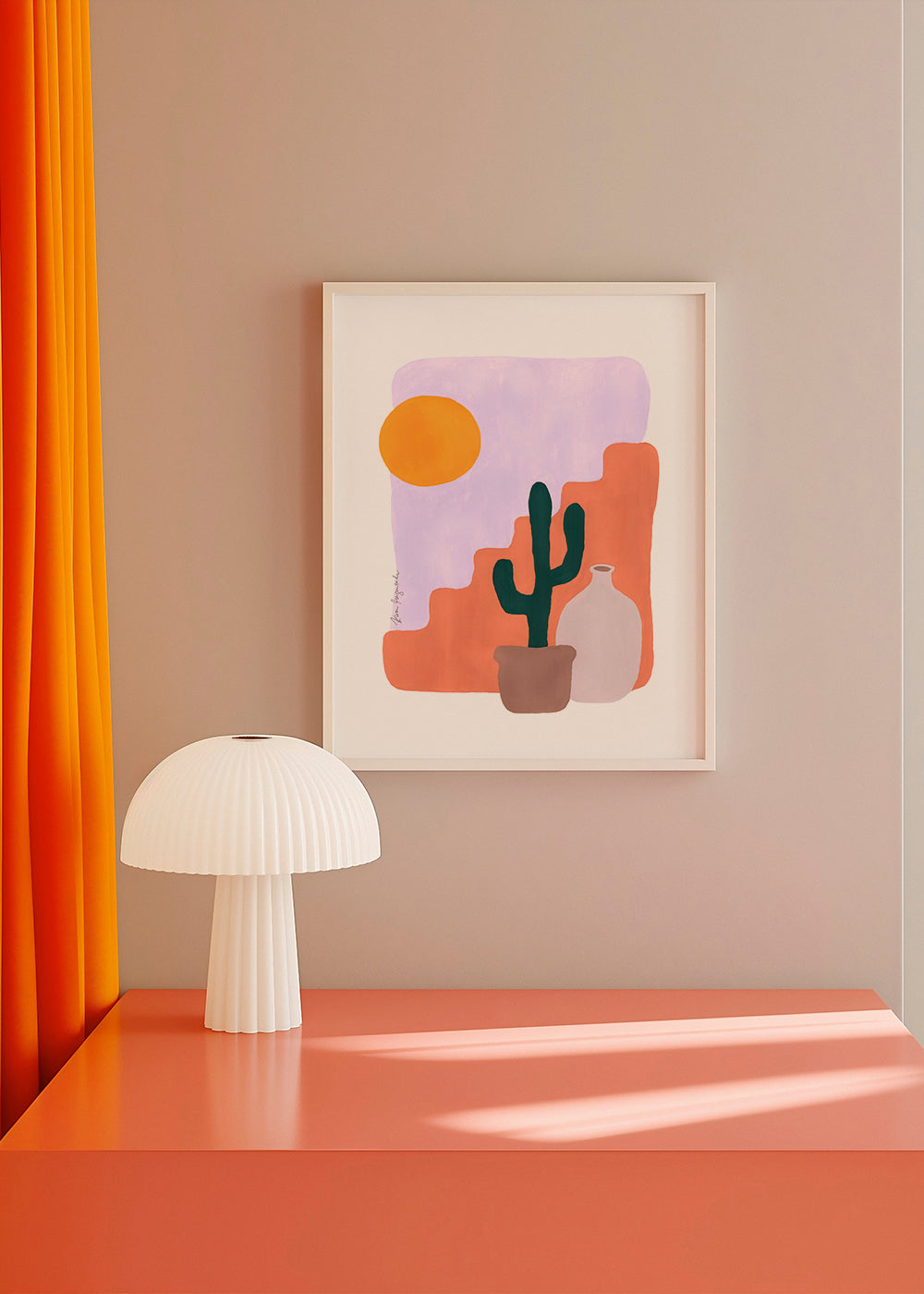 Botanisk plakat: kaktus og sol i minimalistisk stil
