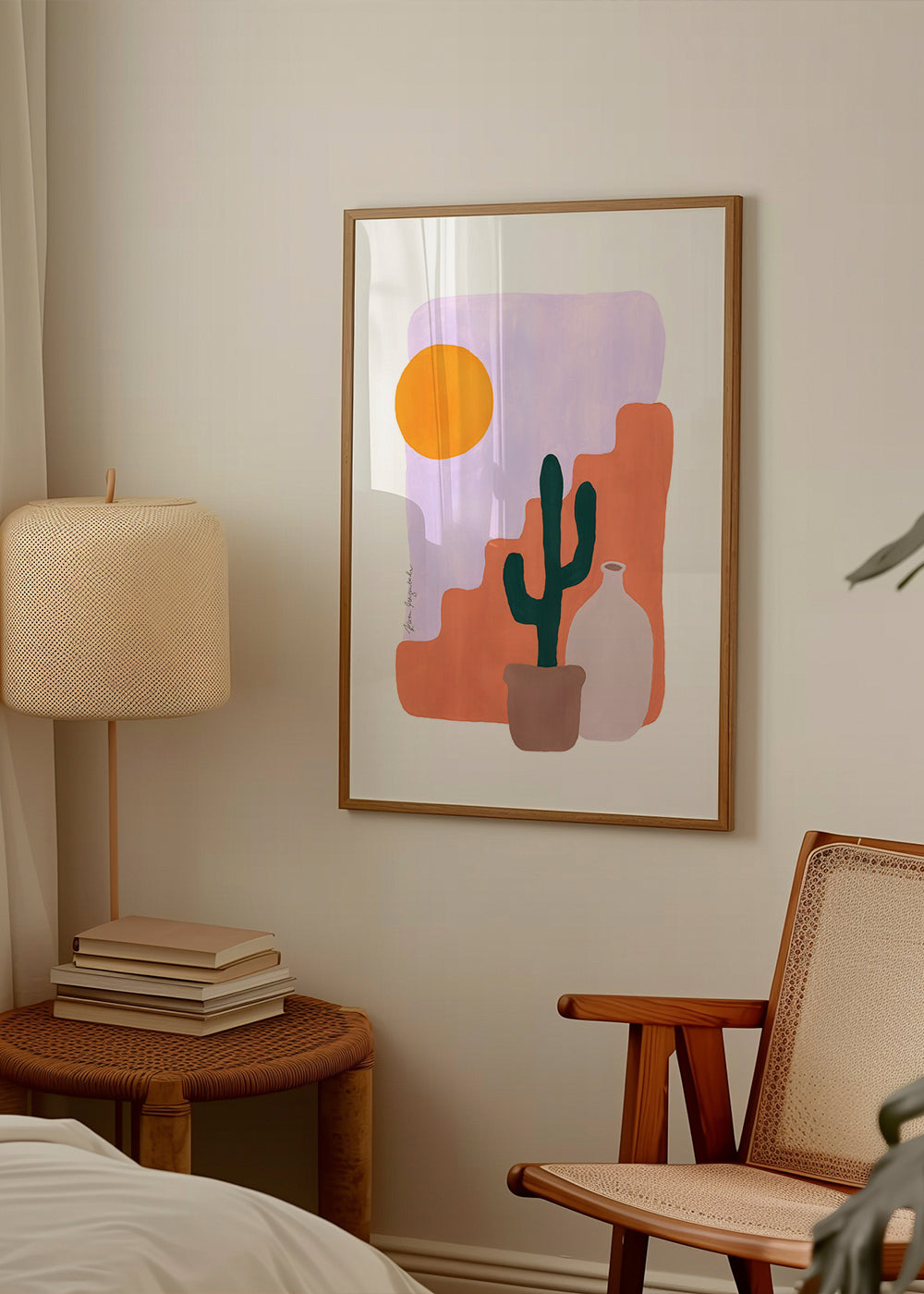 Botanisk plakat: kaktus og sol i minimalistisk stil