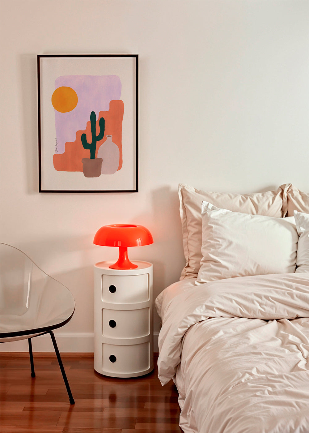 Botanisk plakat: kaktus og sol i minimalistisk stil