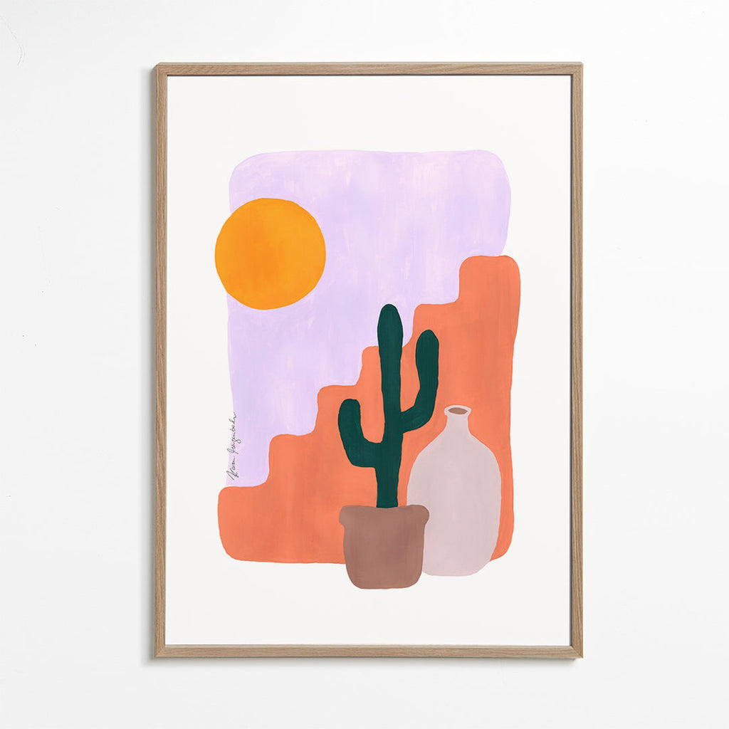 Botanisk plakat: kaktus og sol i minimalistisk stil