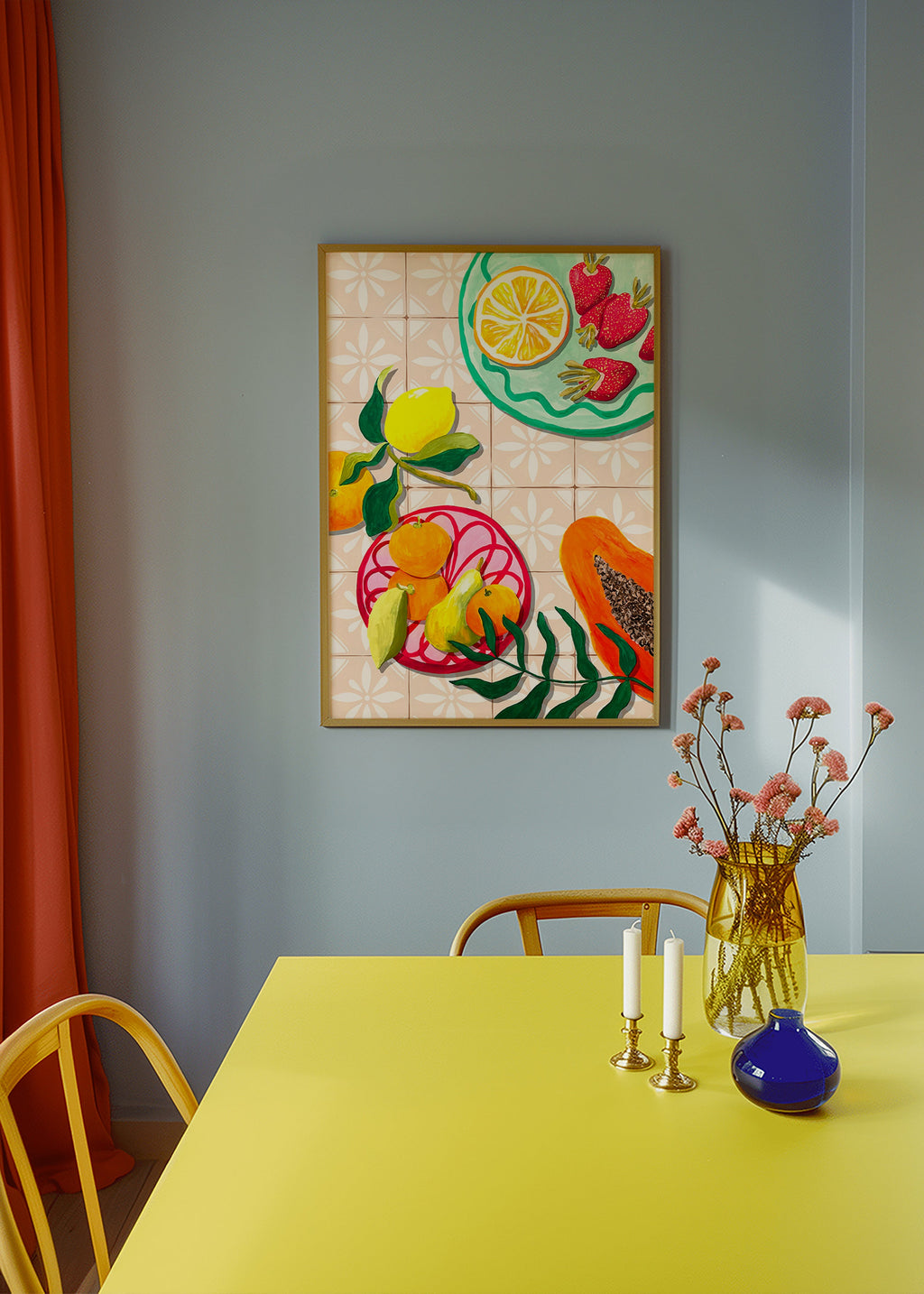 Køkkenkunst med frugt og keramik