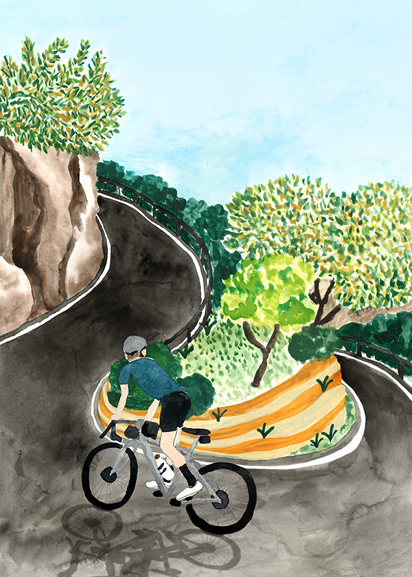 Landskabskunst med cyklist i bjergsving