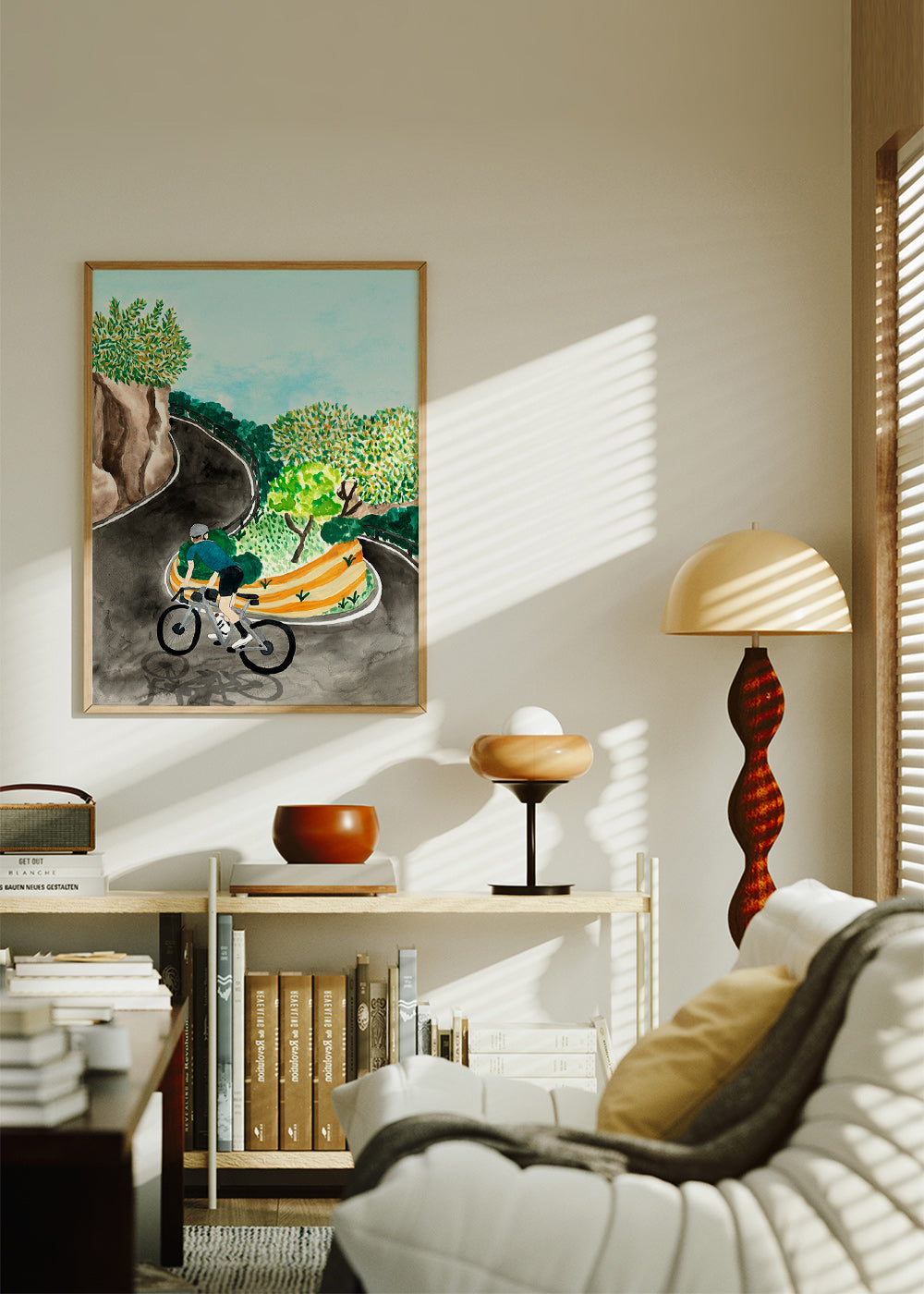 Landskabskunst med cyklist i bjergsving