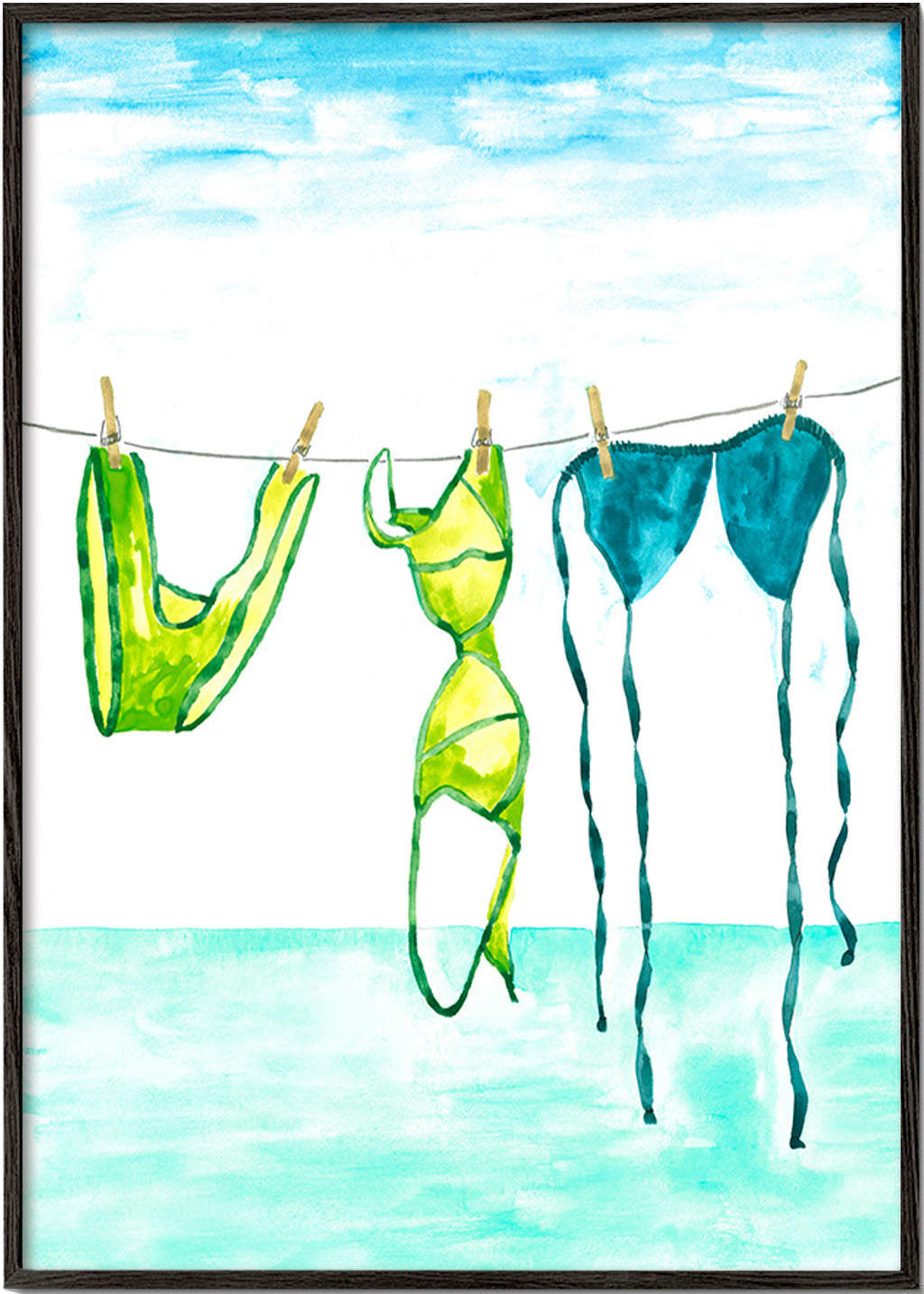 Illustration af bikinier hængt ved stranden