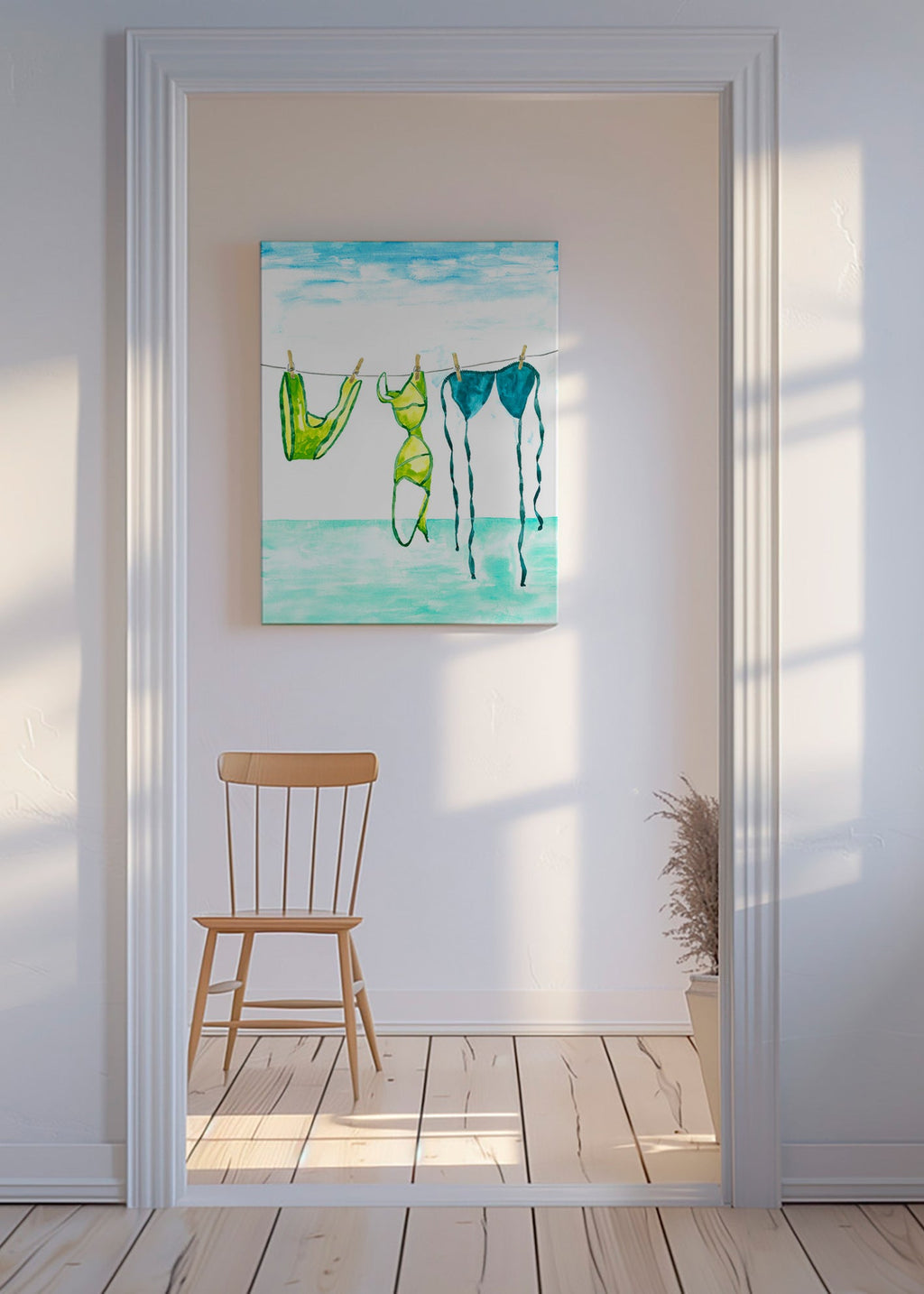 Illustration af bikinier hængt ved stranden