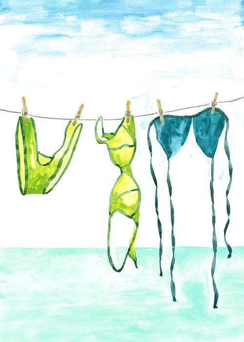 Illustration af bikinier hængt ved stranden