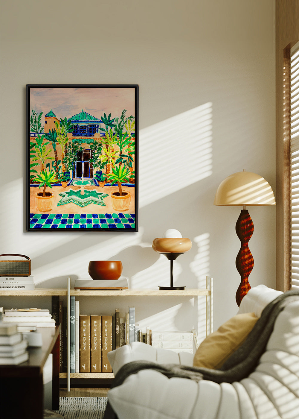 Botanisk plakat Gård med springvand og fliser