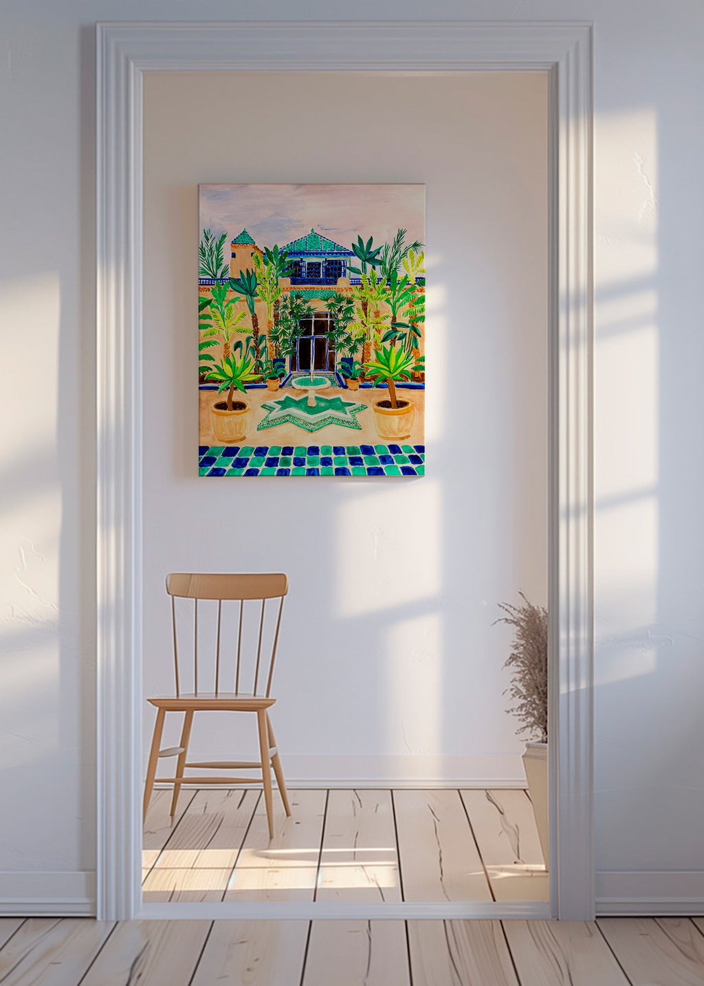 Botanisk plakat Gård med springvand og fliser