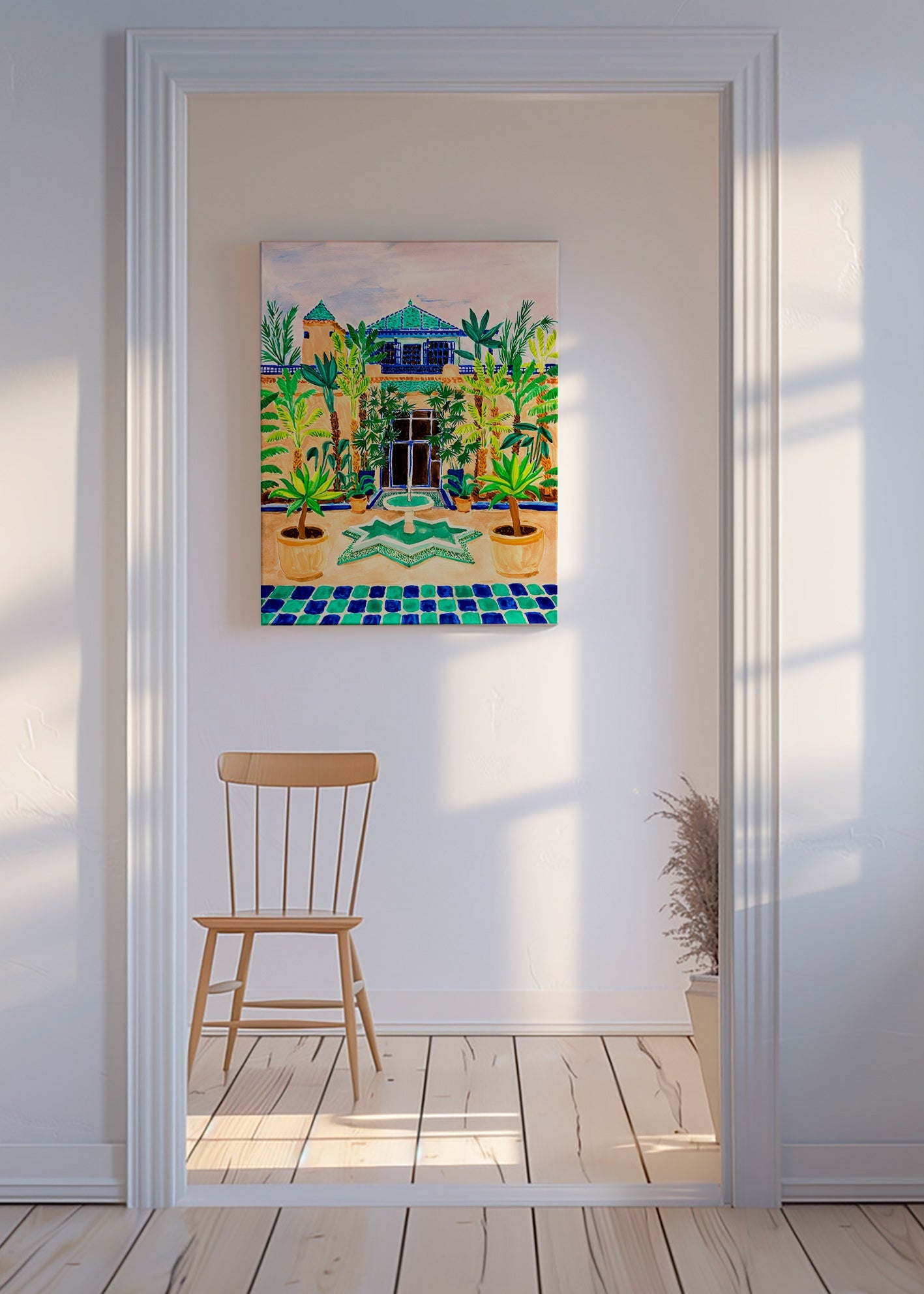 Botanisk plakat Gård med springvand og fliser