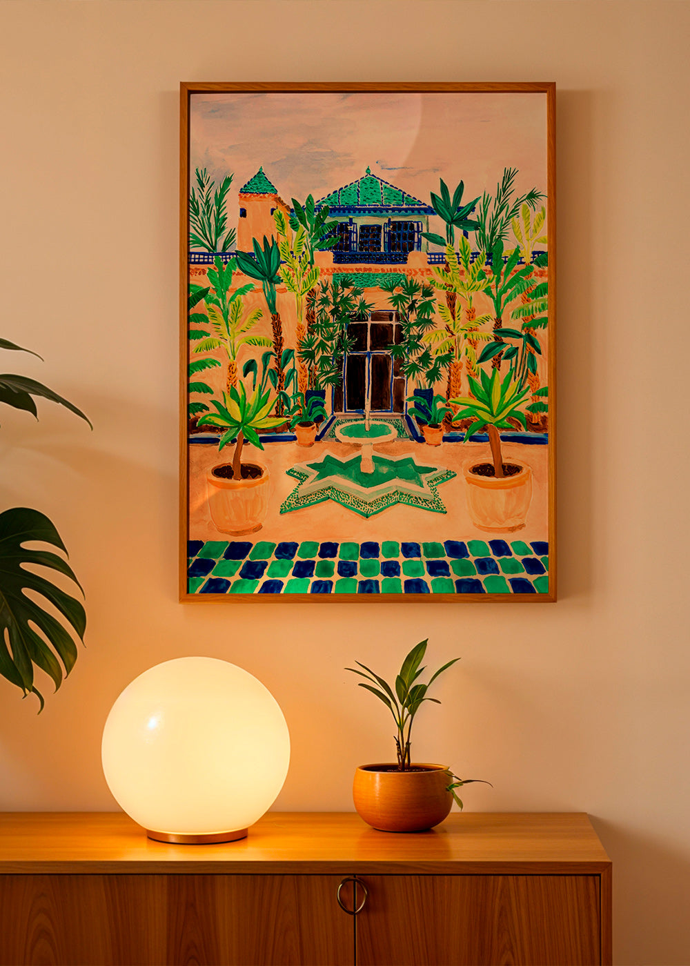 Botanisk plakat Gård med springvand og fliser