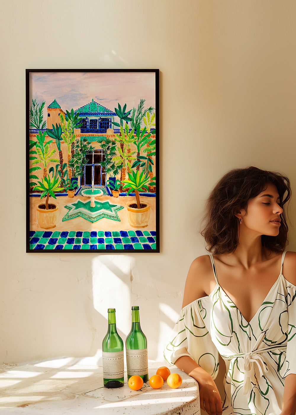 Botanisk plakat Gård med springvand og fliser