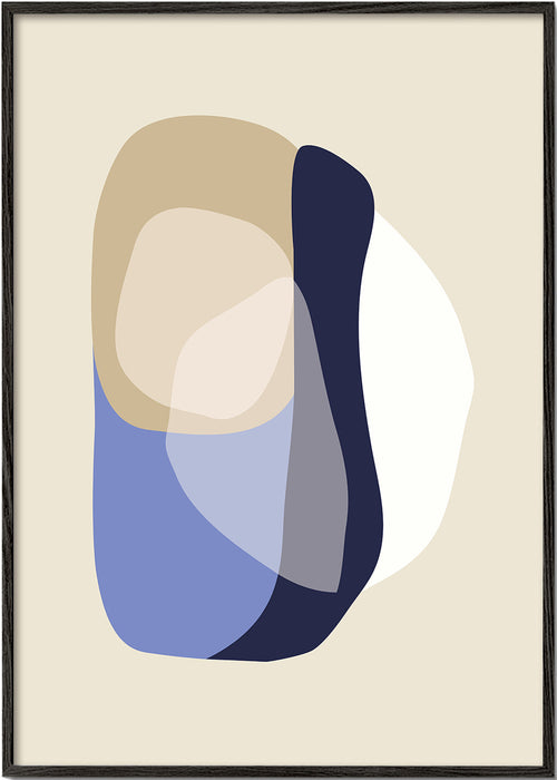 Minimalistisk plakat med organiske beige og blå former