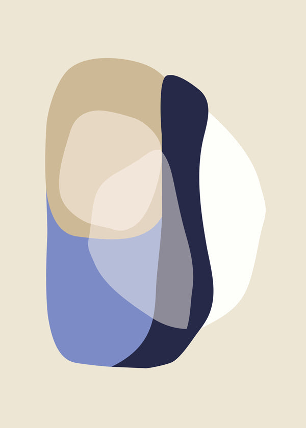 Minimalistisk plakat med organiske beige og blå former
