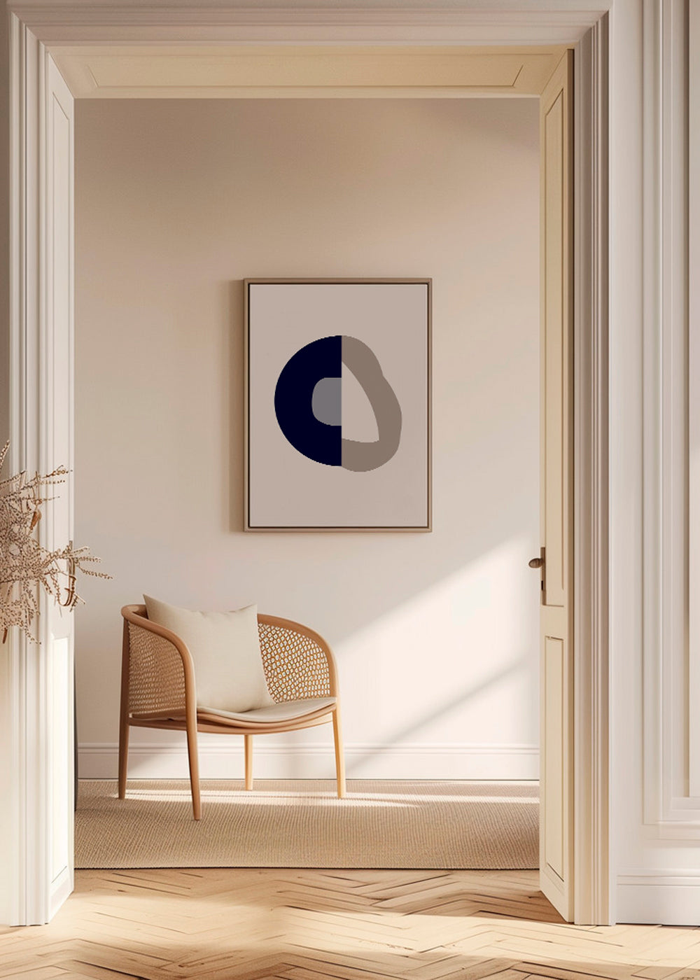 Abstrakt billede med navy bue og beige ring