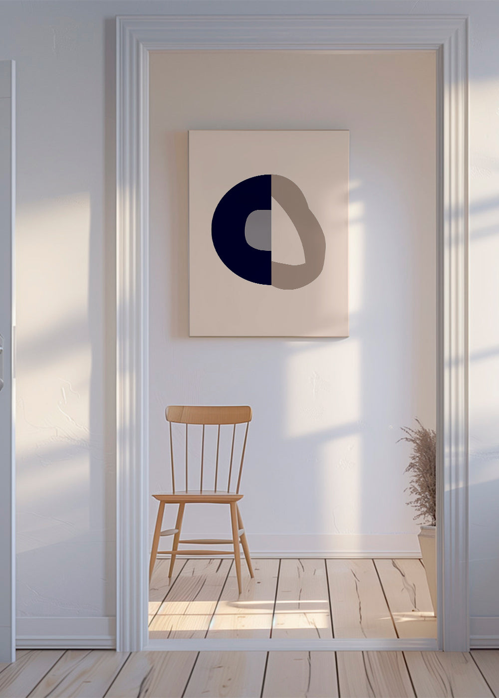 Abstrakt billede med navy bue og beige ring