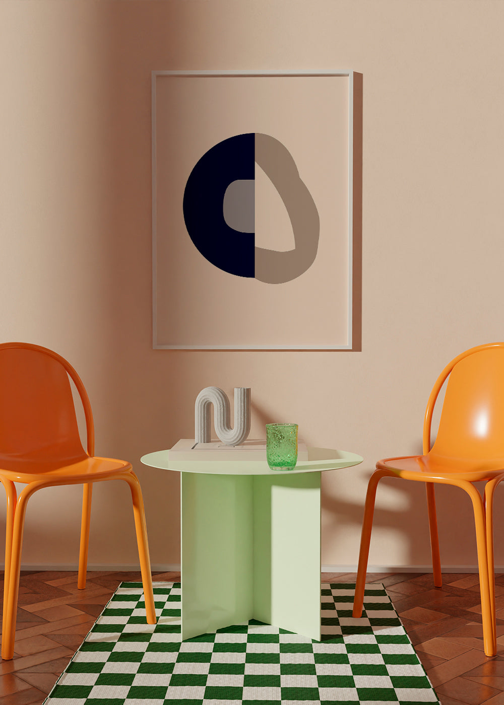 Abstrakt billede med navy bue og beige ring