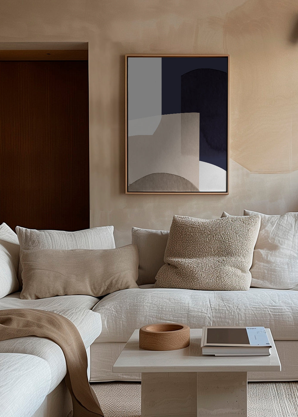Abstrakt billede beige og blå med lagdelte former