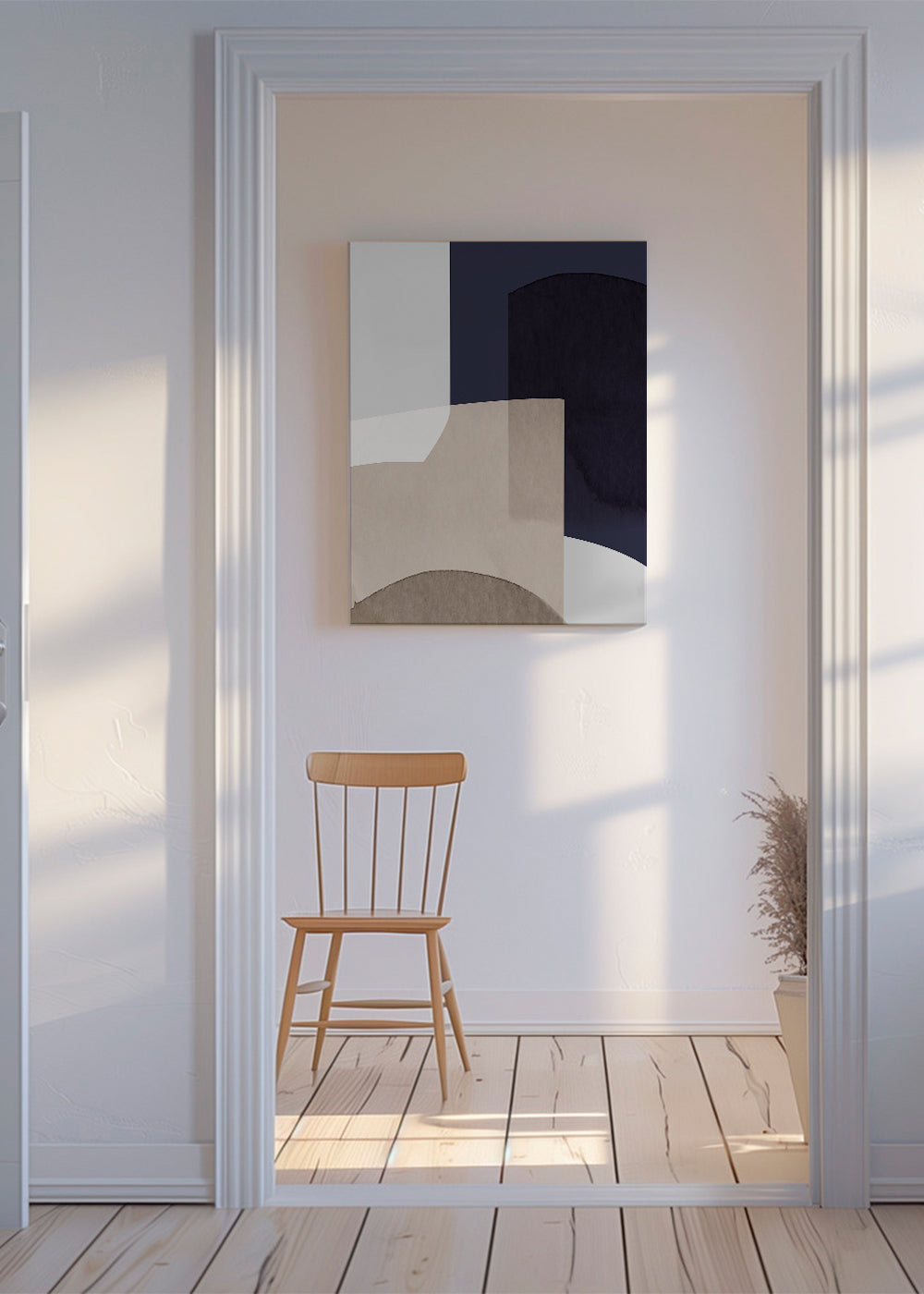 Abstrakt billede beige og blå med lagdelte former