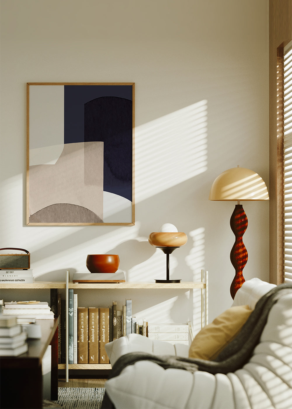 Abstrakt billede beige og blå med lagdelte former