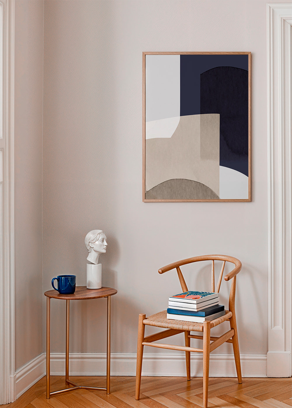 Abstrakt billede beige og blå med lagdelte former
