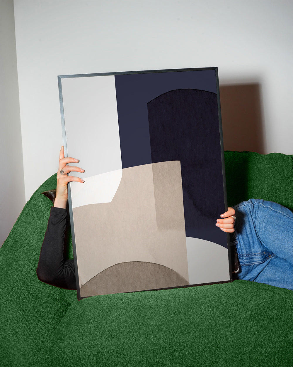 Abstrakt billede beige og blå med lagdelte former
