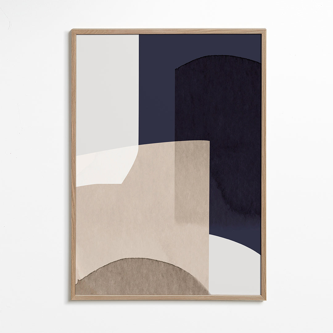 Abstrakt billede beige og blå med lagdelte former