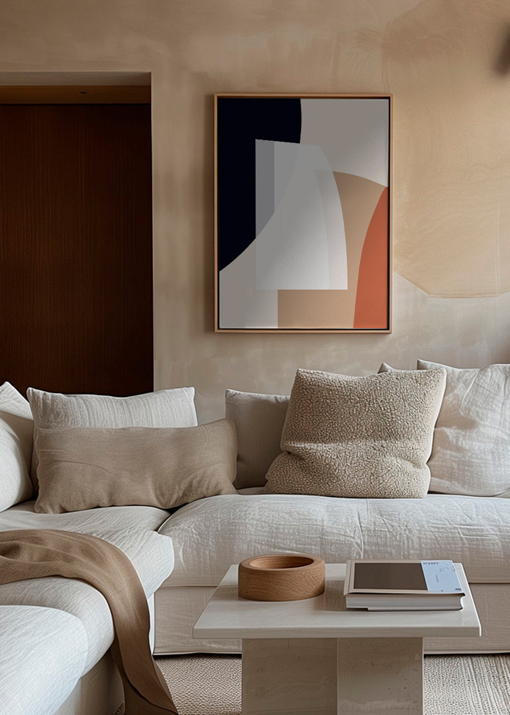 Abstrakt billede med organiske beige og blå former