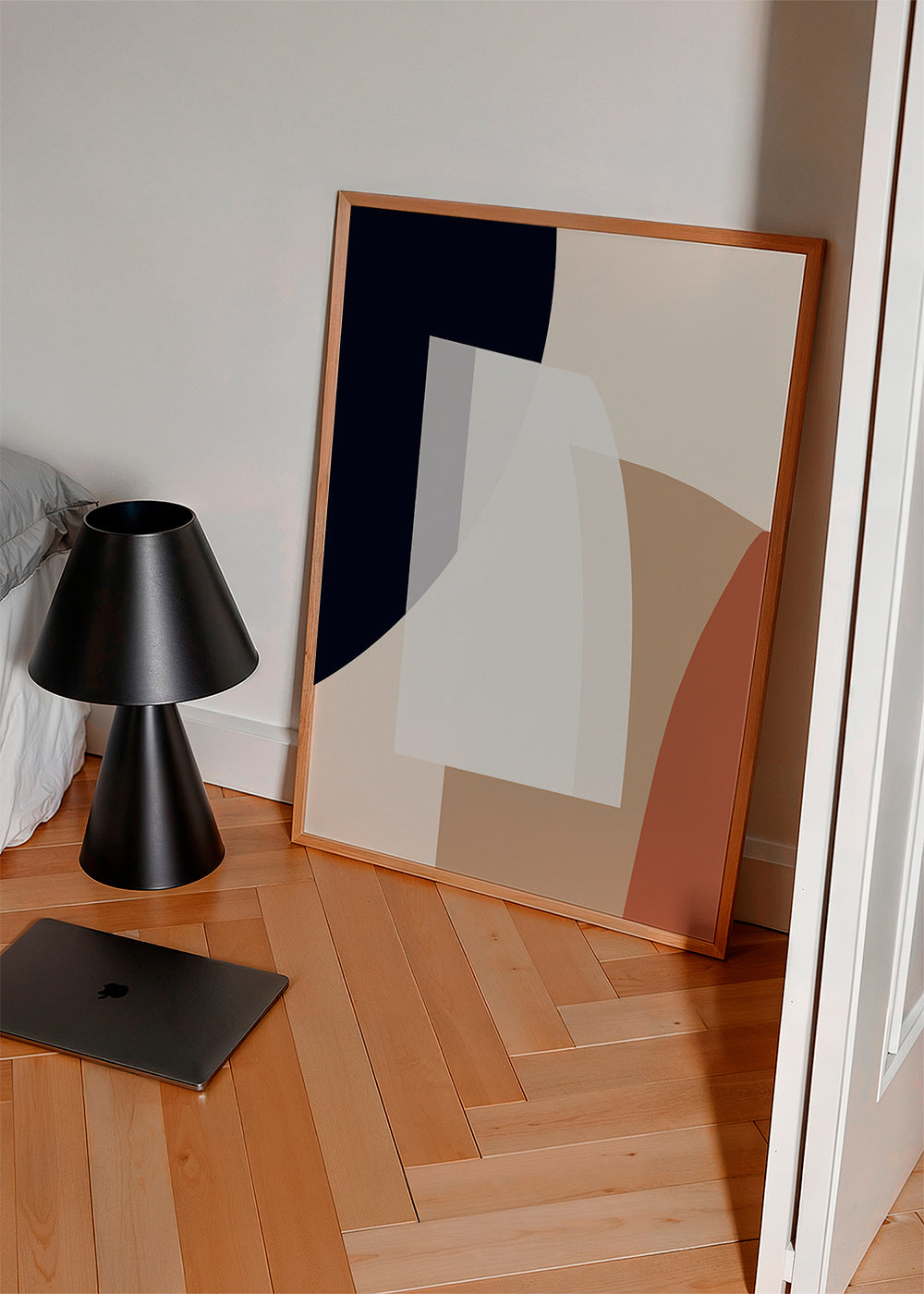 Abstrakt billede med organiske beige og blå former