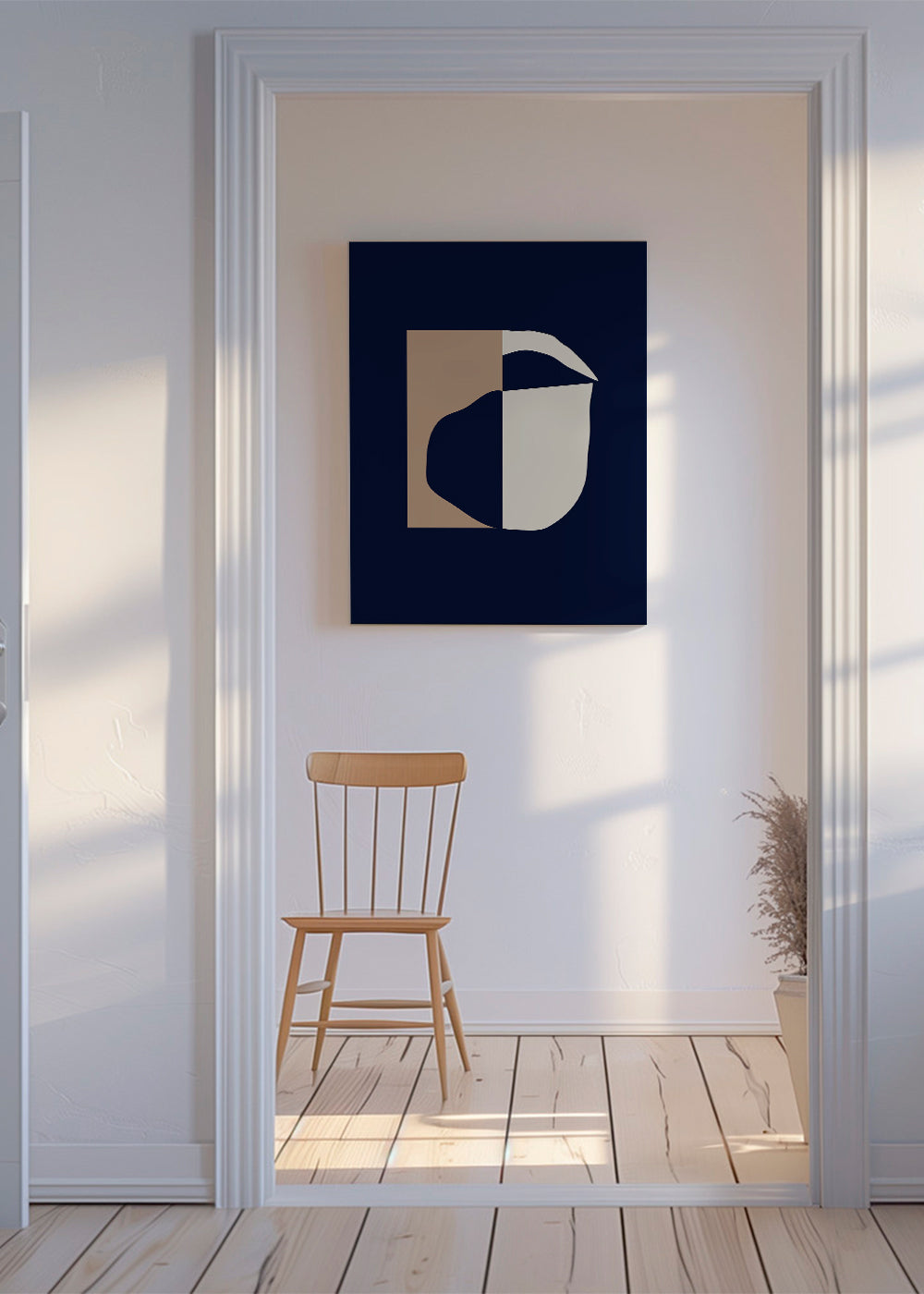 Geometrisk plakat med buede former i marine