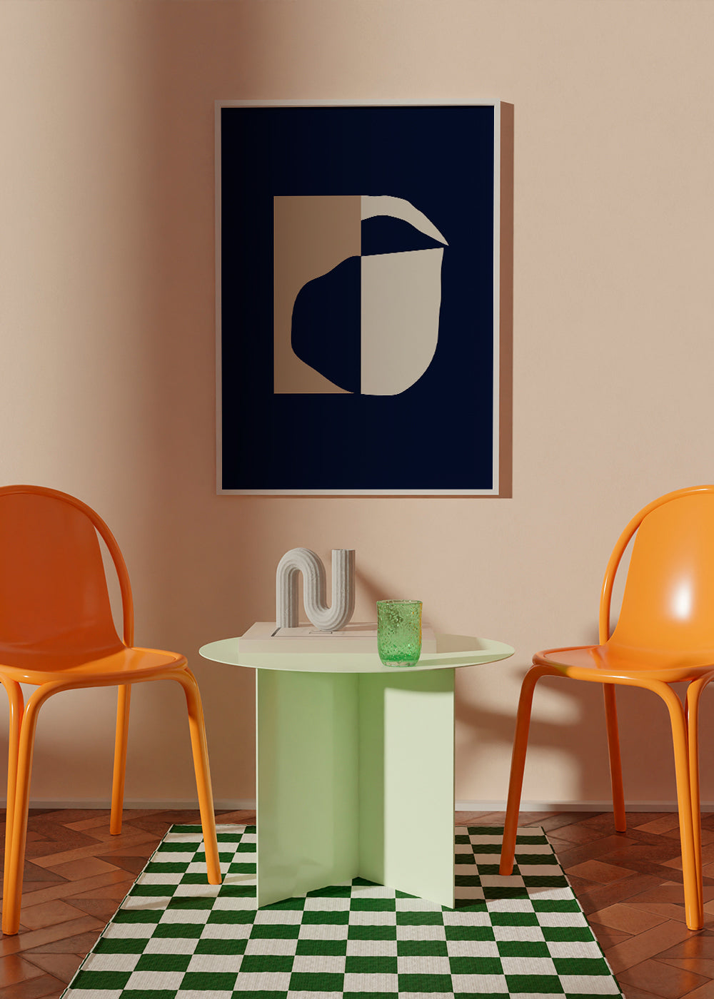 Geometrisk plakat med buede former i marine