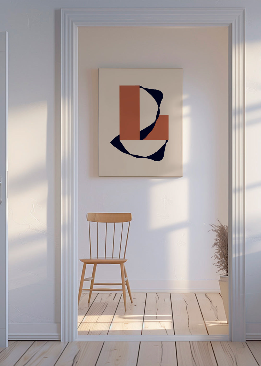 Geometrisk plakat med organisk bånd og terracottablokke